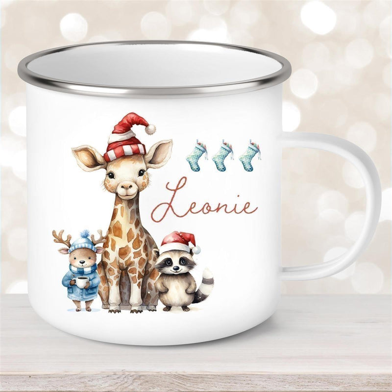 Tasse Wunschname Weihnachten Tiere 1 Emaille oder Keramik Kinderbecher