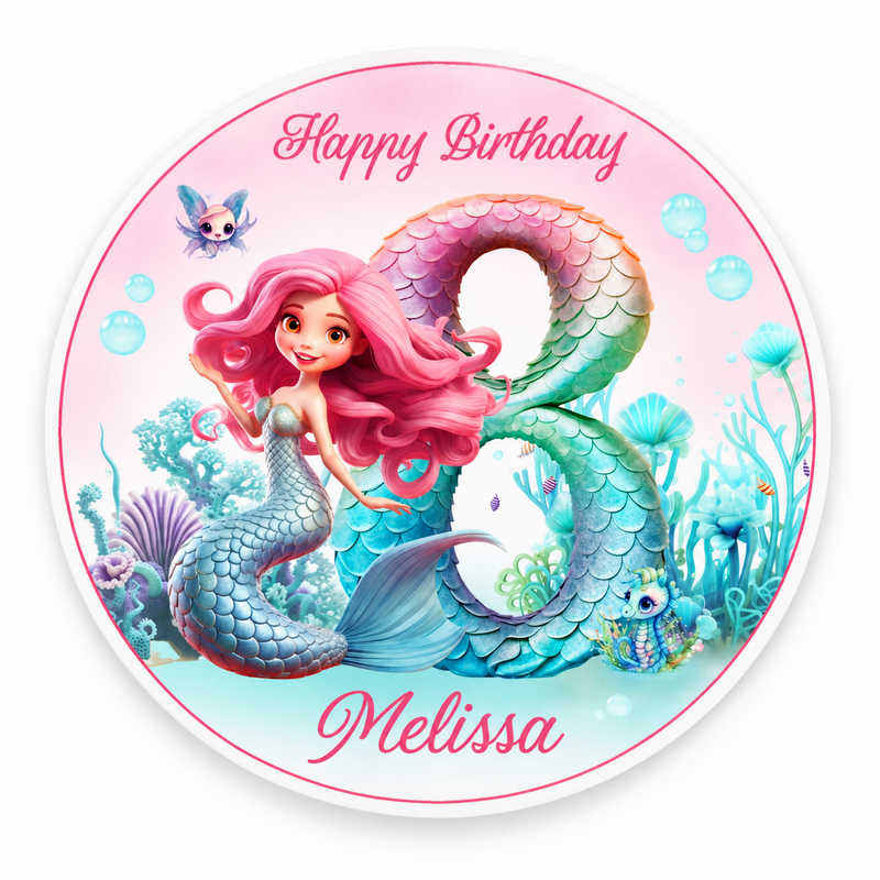 Tortenaufleger Geburtstag Mermaid Meerjungfrau 3 Name & Zahl (20cm) Fondant Papier