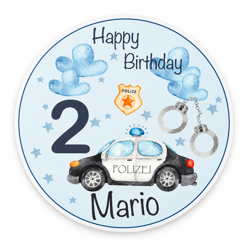 Tortenaufleger Geburtstag Polizei 1 Name & Zahl (20cm) Fondant Papier