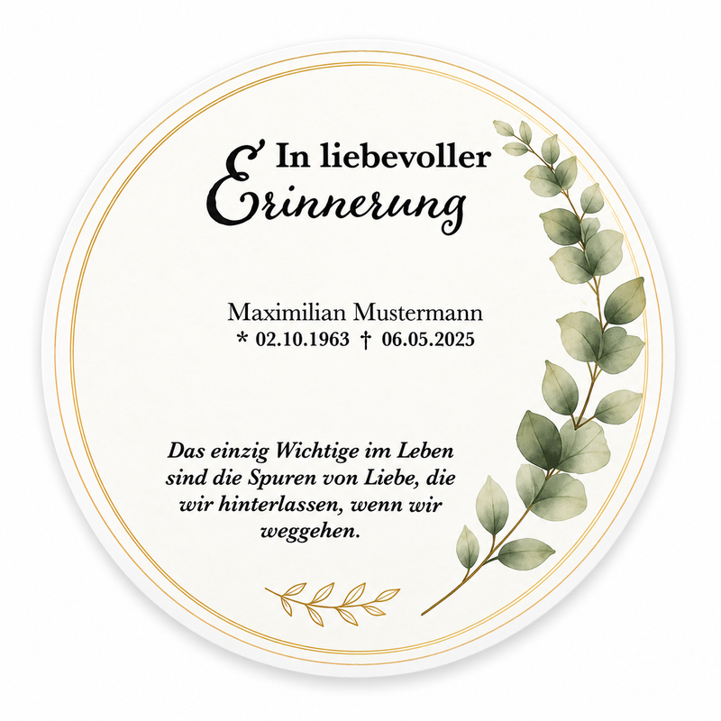 Tortenaufleger Beerdigung & Trauerfeier Eukalyptus 01 – personalisiert mit Name & Datum Fondantpapier 20cm