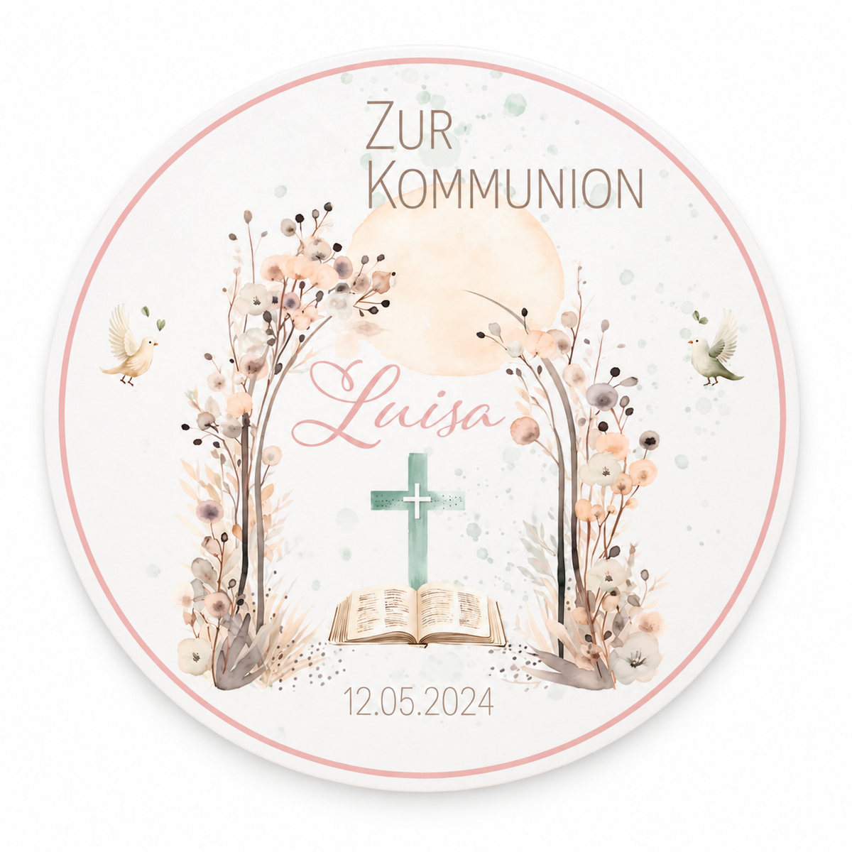 Tortenaufleger Kommunion Blüten 1 Name & Datum (20cm)