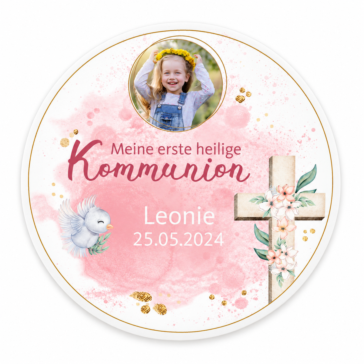Tortenaufleger Kommunion Kreuz 2 Name & Datum (20cm)