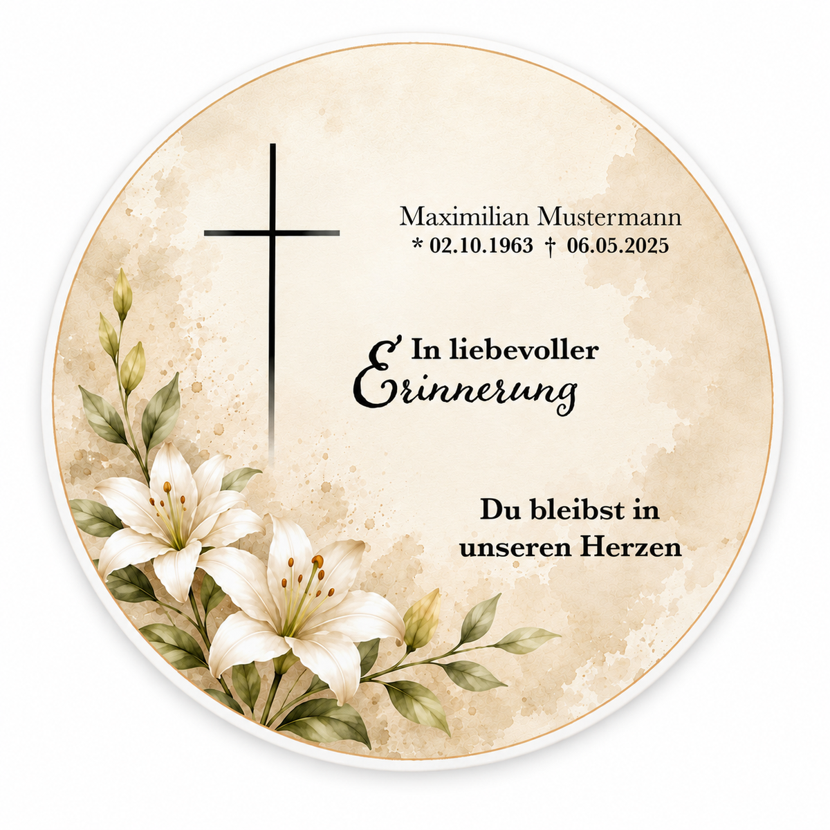 Tortenaufleger Beerdigung & Trauerfeier Blüten 01 – personalisiert mit Name & Sterbedatum Fondantpapier – versch. Formen
