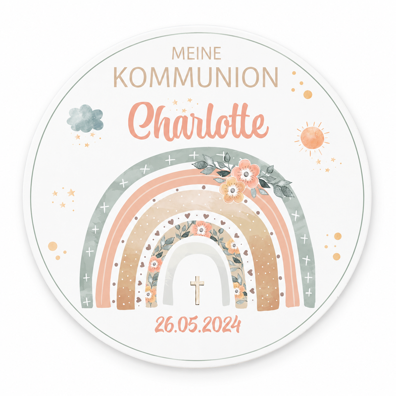 Tortenaufleger Kommunion Regenbogen 1 Name & Datum (20cm)