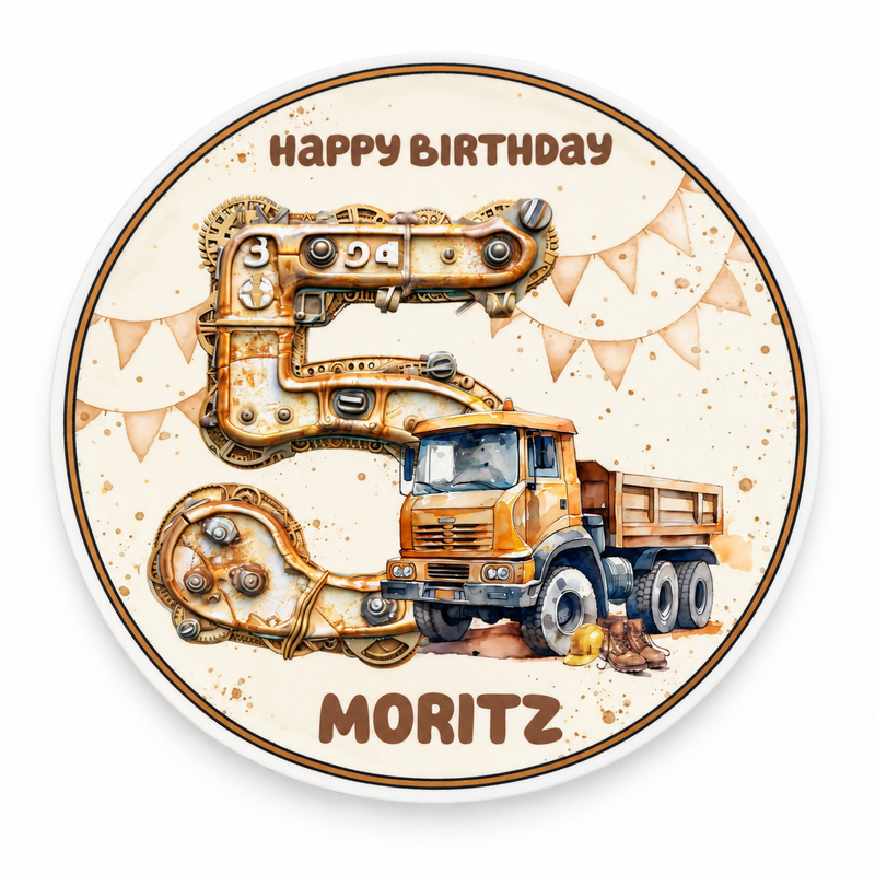 Tortenaufleger Geburtstag Baufahrzeug 3 Kipper Baustelle Name & Zahl (20cm) Fondant Papier