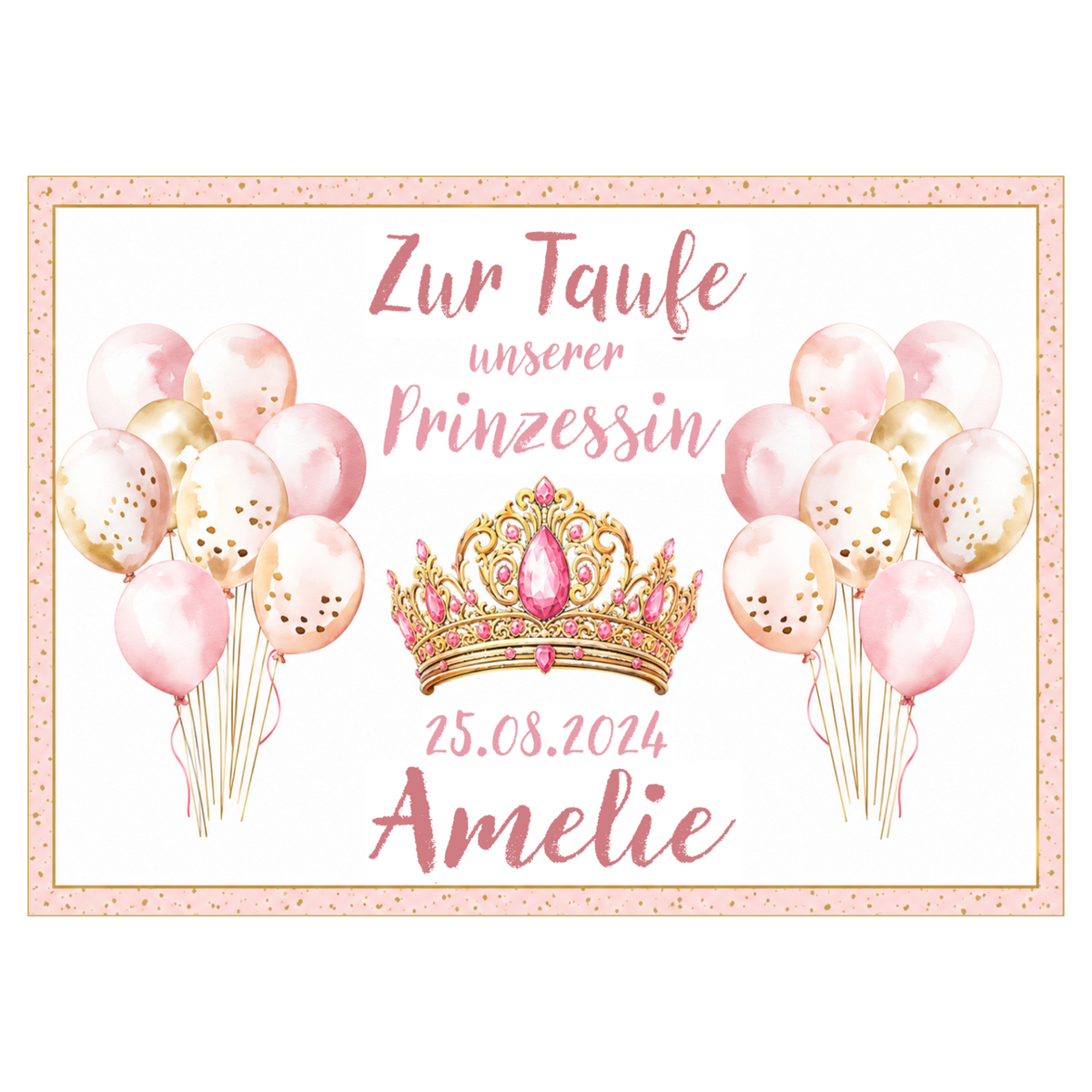 MUCKKI-PRO:1c788348efe478ae11bcf4b64dda853e8e1e403075c1618330a053627ba95437:Tortenaufleger Taufe Prinzessin 1 Name & Datum – Eckig (28 x 20cm)