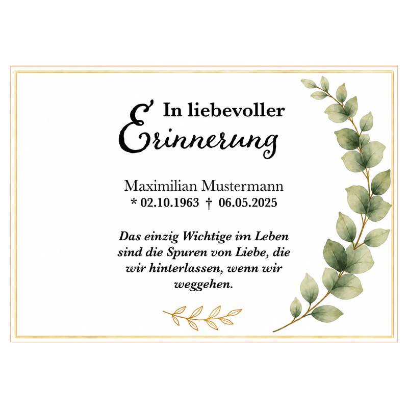 Tortenaufleger Beerdigung & Trauerfeier Eukalyptus 01 – personalisiert mit Name & Datum Fondantpapier – versch. Formen