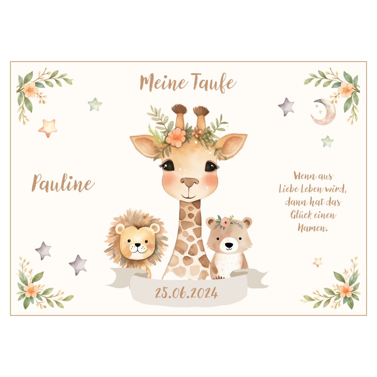 MUCKKI-PRO:59d7adff7ca8eaf39172a60afeaf33bc744956d683c6f1d4b2d9b23004bf20cc:Tortenaufleger Taufe Animals 1 – personalisiert mit Name & Datum – Eckig (28 x 20cm)