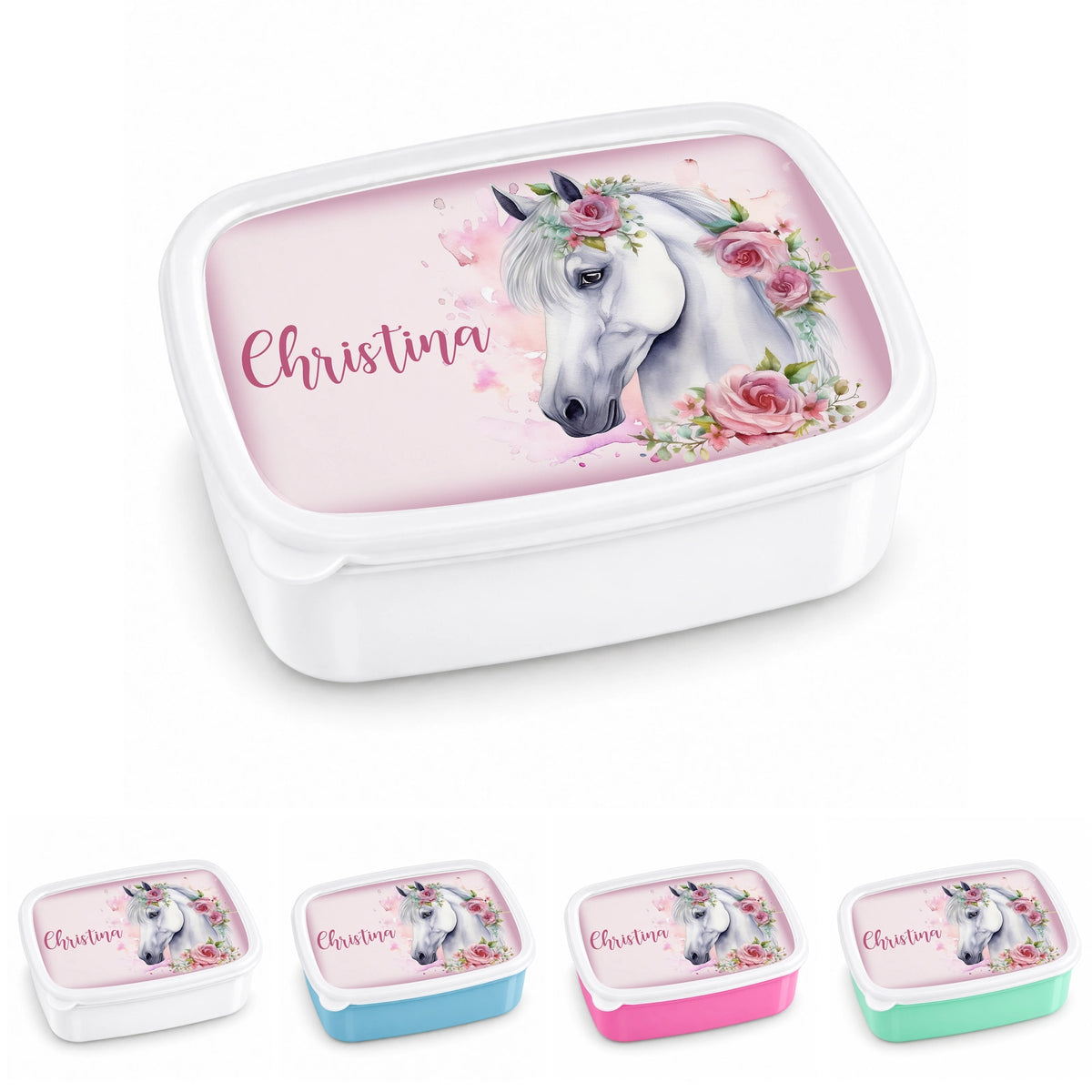Brotdose mit Namen Pferd 01 – Personalisierte Lunchbox für Schule & Kindergarten versch. Farben
