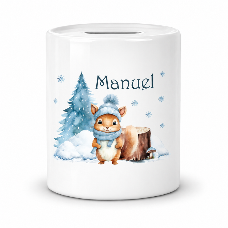 Spardose mit Wunschname Weihnachten Eichhörnchen 1 personalisiert