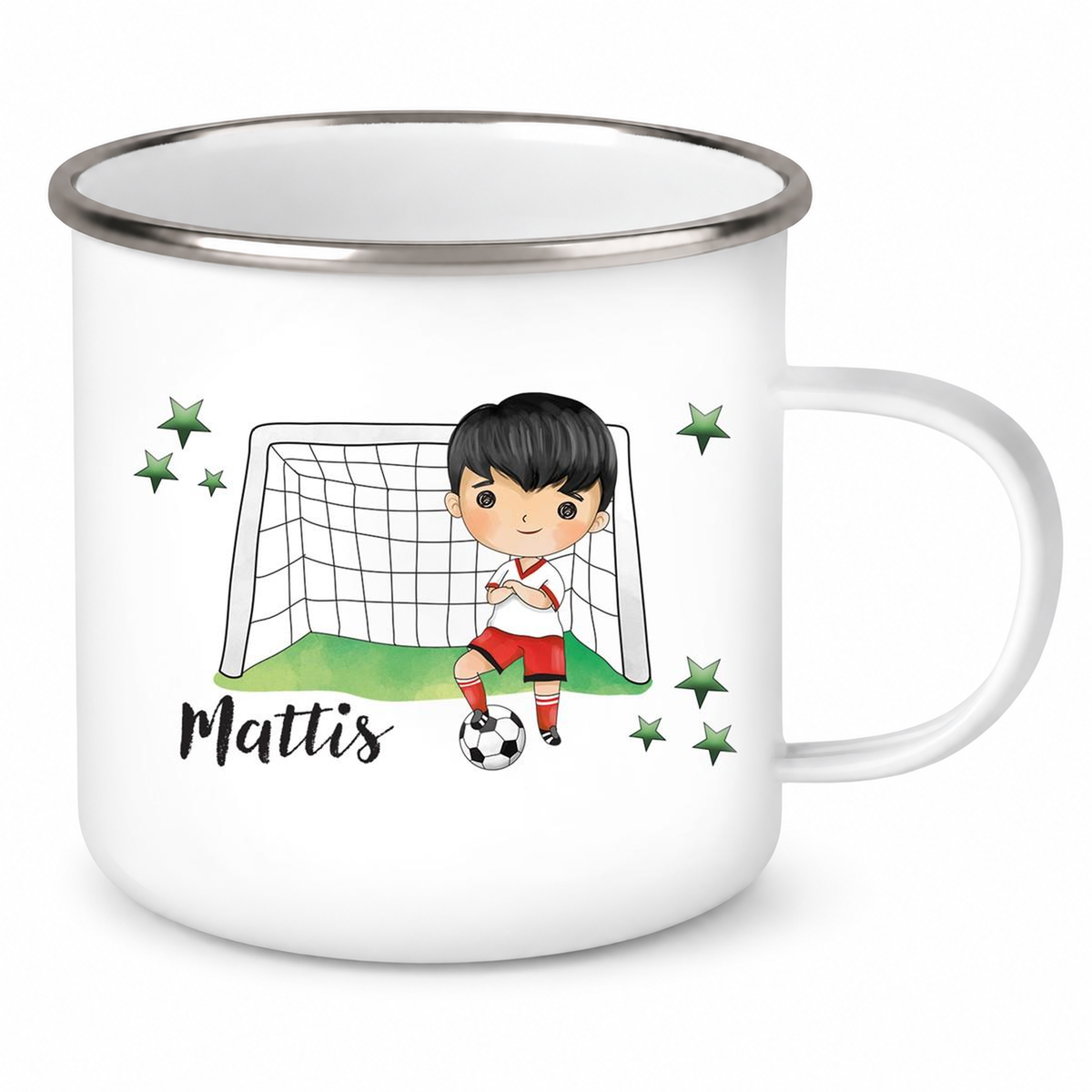 Tasse Fußball 2 Wunschname Emaille Kinderbecher personalisiert