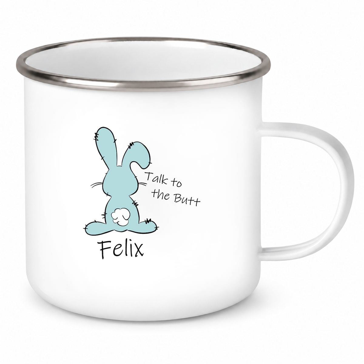 MUCKKI-PRO:e31e8e063ac5fba606fbcdb27c086c18c85c8c774e64fa21c0450ceabfaf86ed:Tasse Ostern - Hase Talk to the Butt 2 Wunschnamen personalisiert Emaillie