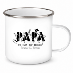 Tasse Vatertag 9 Papa "Du bist der Hammer" Wunschnamen Emaille Personalisiert