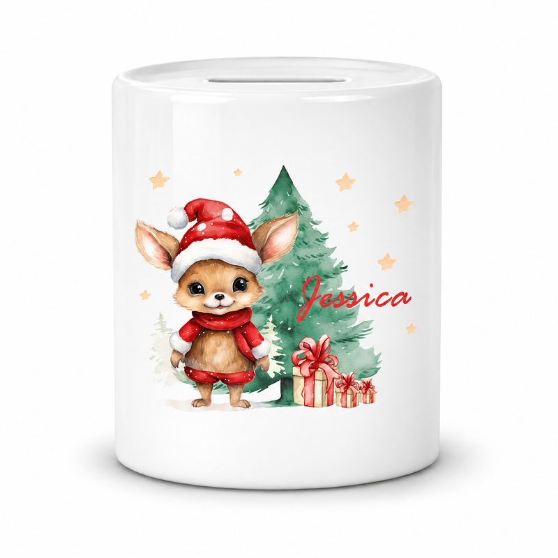 Spardose mit Wunschname Weihnachten Rehlein-Tannenbaum personalisiert