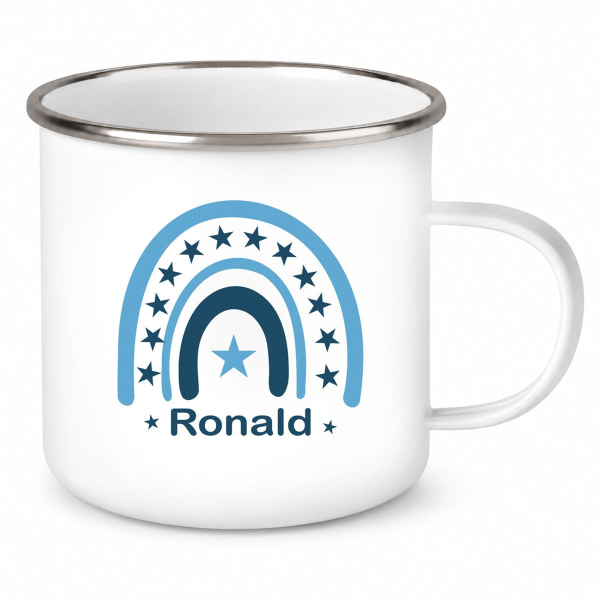 MUCKKI-PRO:157ecce9232c1e3308fb2d3577cb24b20c899c9a5d6af60a68e834dc0820c0de:Tasse Wunschname Regenbogen 3 Emaillie Kinderbecher