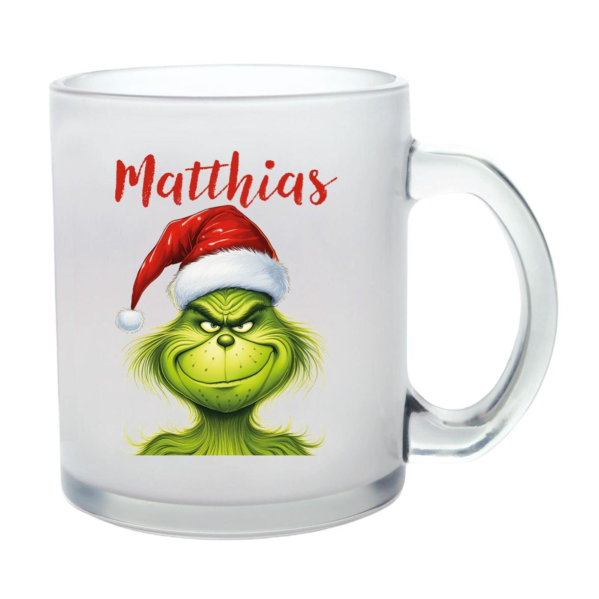MUCKKI-PRO:1de3ac91278697b2d00238b9f557aa31615123eef36afab2dc4406d7d23c486c:Milchglastasse Wunschname Weihnachten Grinch 3 Glas Kinderbecher