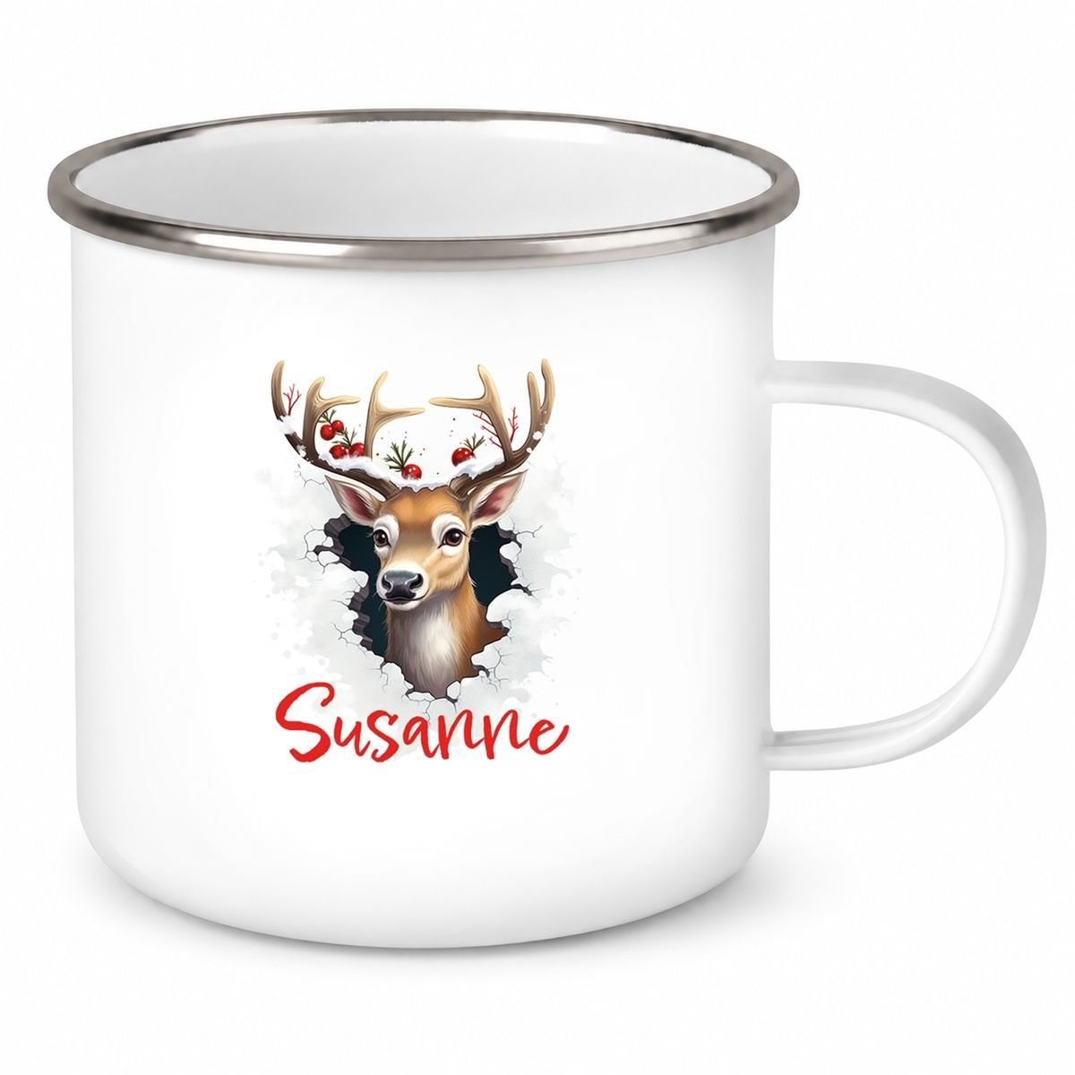MUCKKI-PRO:3af932af6e4d602193fa35104994c540231077619262f850b9acde54a2ac28df:Tasse Wunschname Christmas Rentier 2 Emaille Kinderbecher