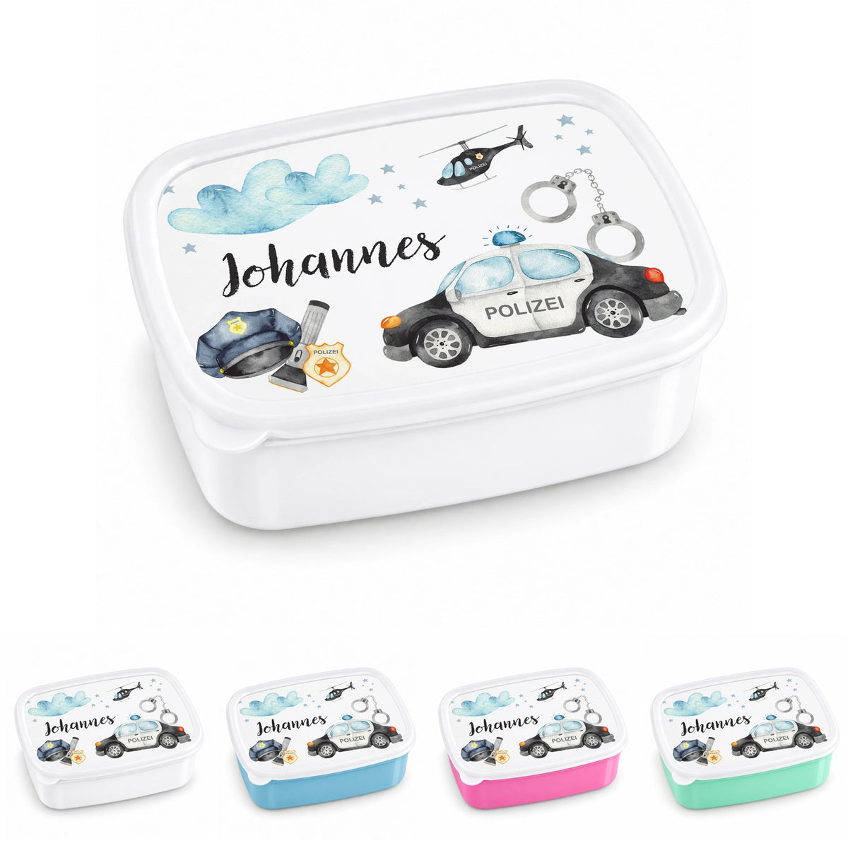 Brotdose mit Namen Polizei 01 – Personalisierte Lunchbox für Schule & Kindergarten versch. Farben