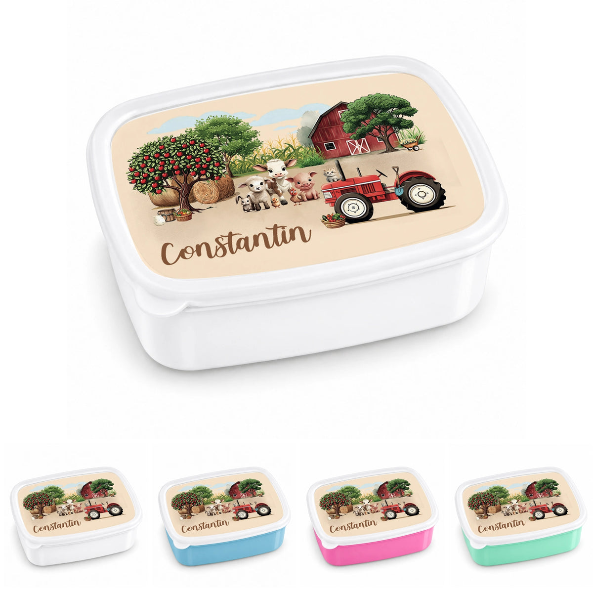 MUCKKI-PRO:2763af64eee1373a52b692436eeac2e5af959ad6a747cfab89fd857691537c6d:Brotdose mit Namen Bauernhof 01 – Personalisierte Lunchbox für Schule & Kindergarten versch. Farben