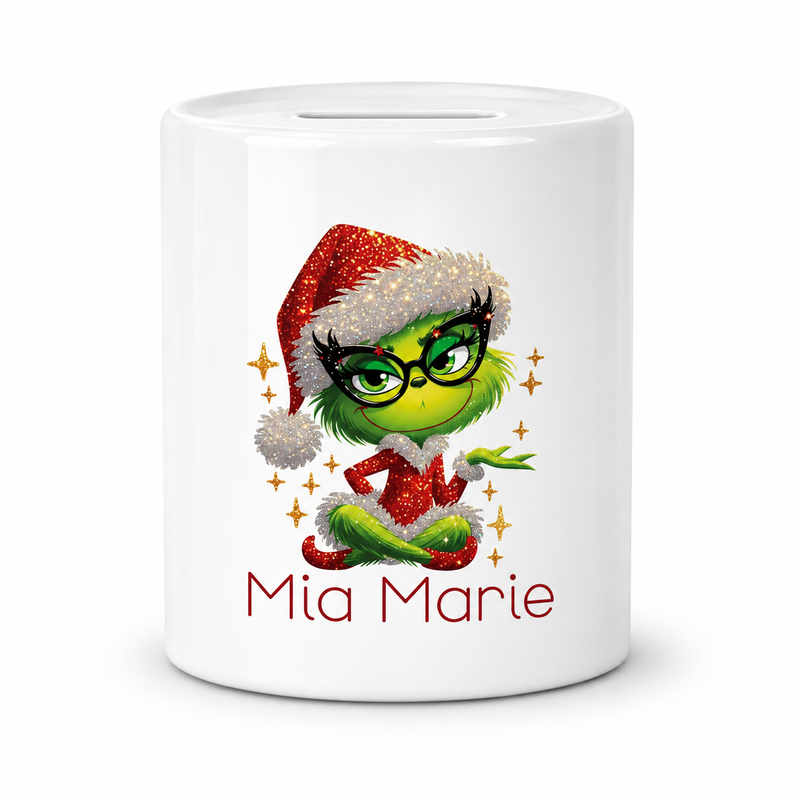 Spardose mit Wunschname Weihnachten Lady-Grinch 4 personalisiert