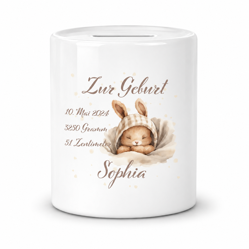 Spardose mit Wunschname Geburt Hase 1 personalisiert