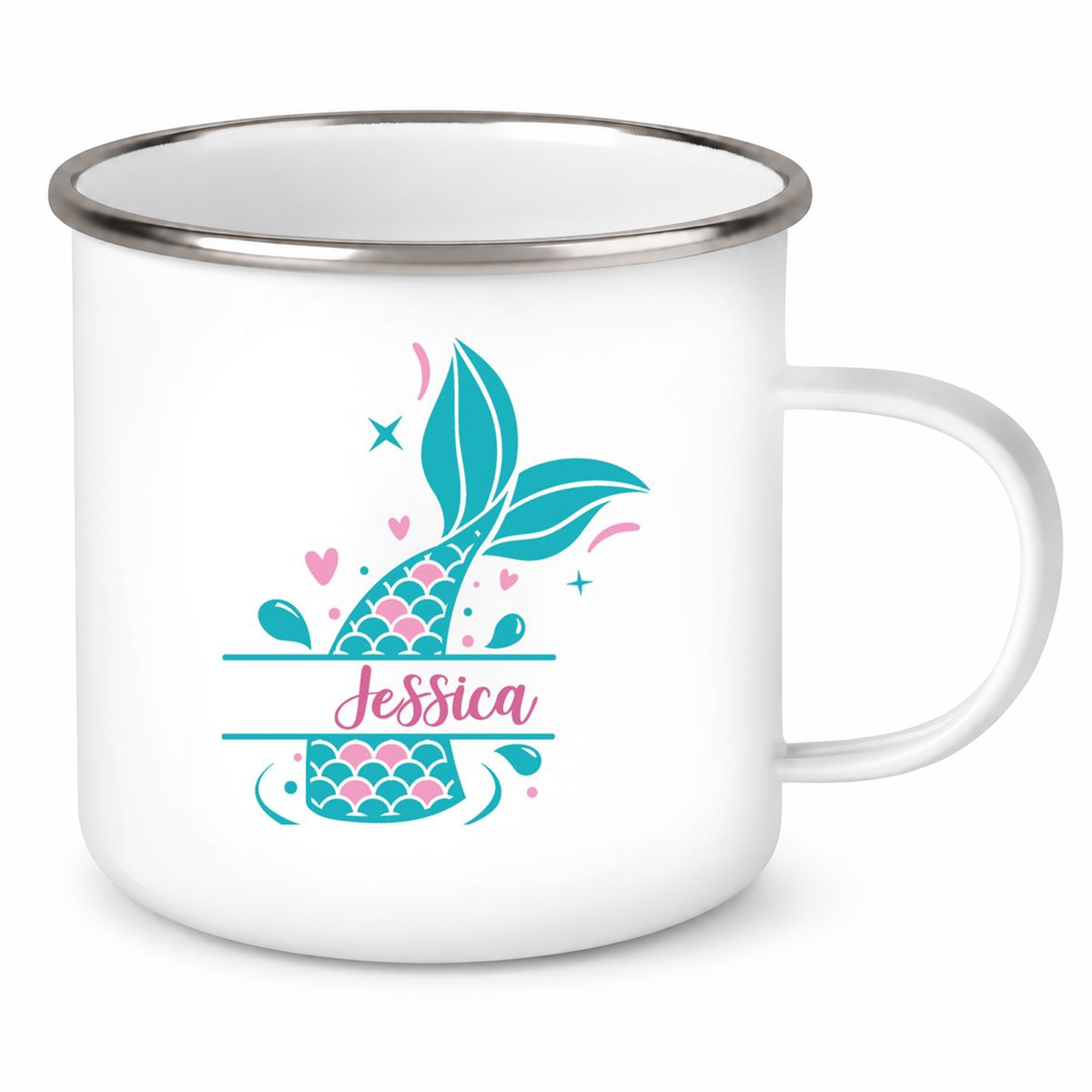 MUCKKI-PRO:71ee49bfe0cb0b6adb42b803ff78e454bd17ba7b2a4d939ad2b5186018a33100:Tasse Meerjungfrau-Flosse 1 Wunschname Emaille Kinderbecher personalisiert