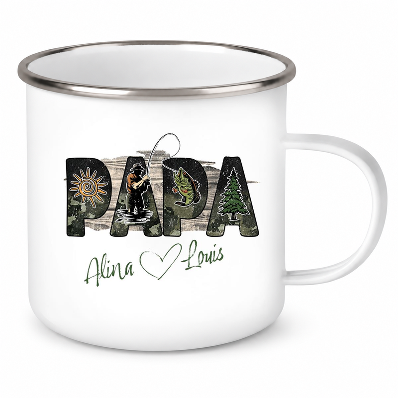 Tasse Vatertag 6 "Angler" Wunschnamen Emaille Personalisiert