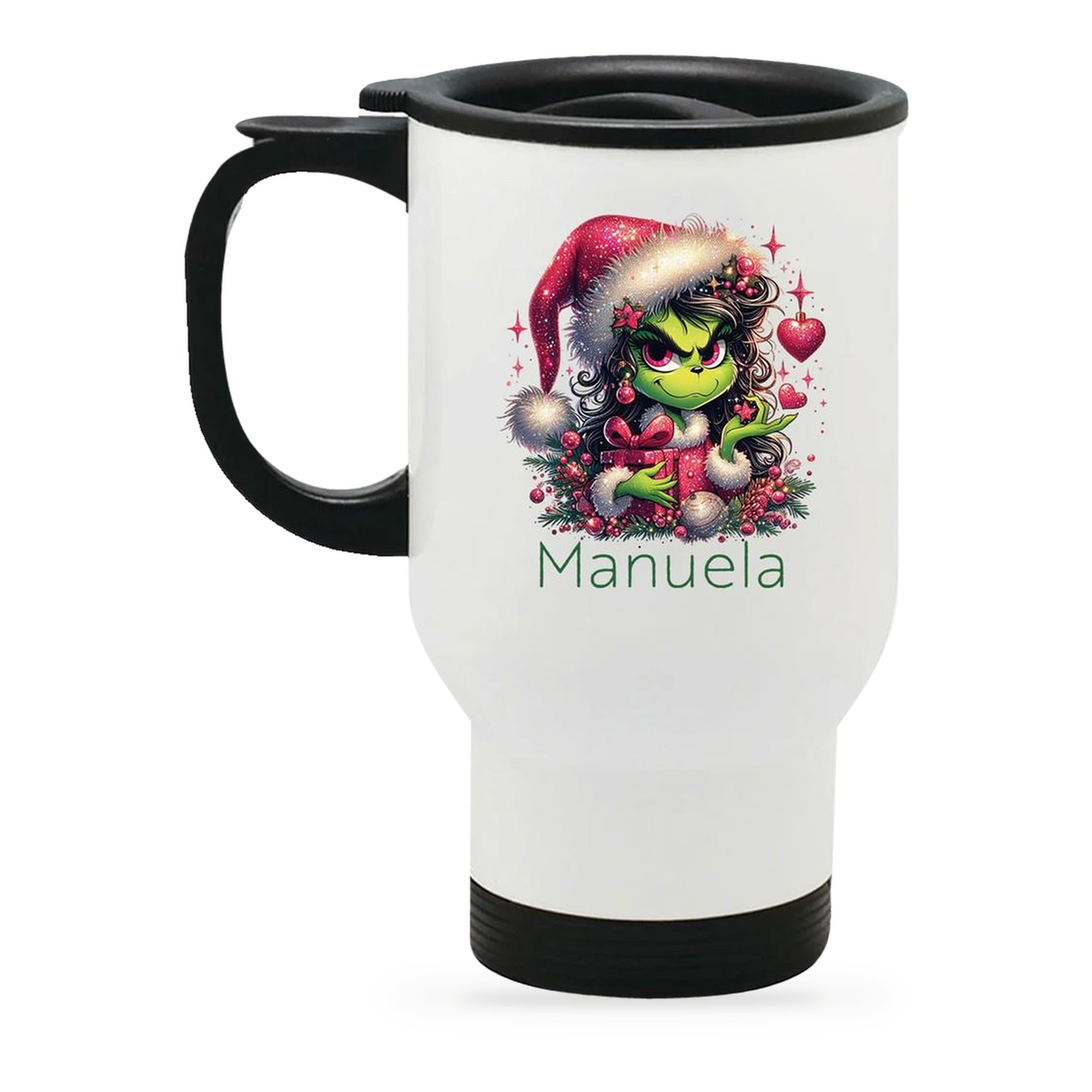 Edelstahl-Thermobecher mit Deckel Weihnachten Lady-Grinch 2 personalisiert weiß