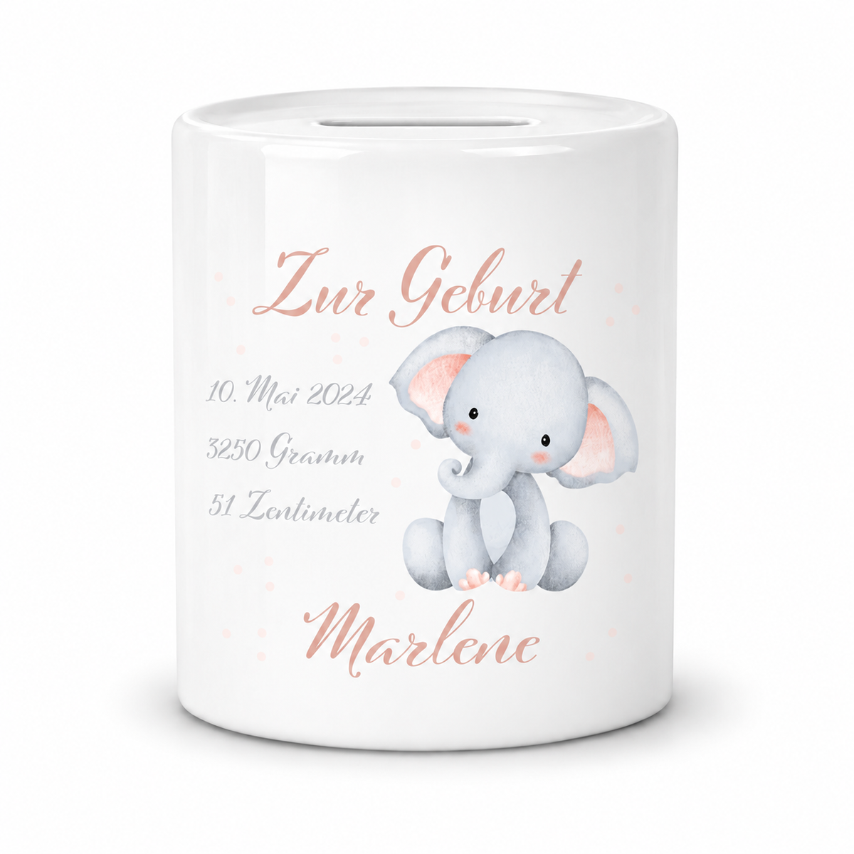 Spardose mit Wunschname Geburt Elefant 1 personalisiert