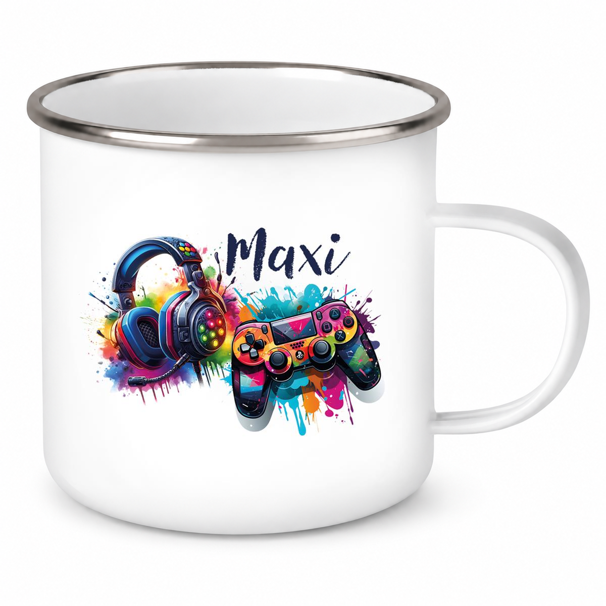 MUCKKI-PRO:ea9d006ecbe5cdf6406cce51cb735712f3d07169d289f099bfacb5eb7bec4aab:Tasse Gamer 3 Wunschname Emaille Kinderbecher personalisiert