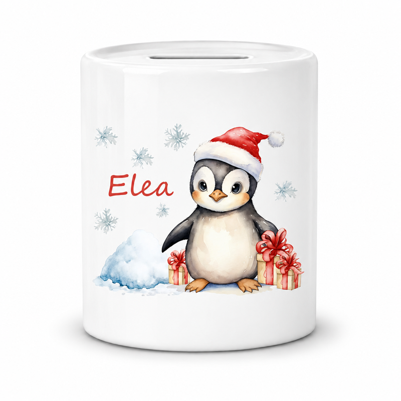 Spardose mit Wunschname Weihnachten Pinguin 1 personalisiert
