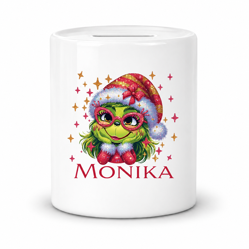 Spardose mit Wunschname Weihnachten Lady-Grinch 1 personalisiert