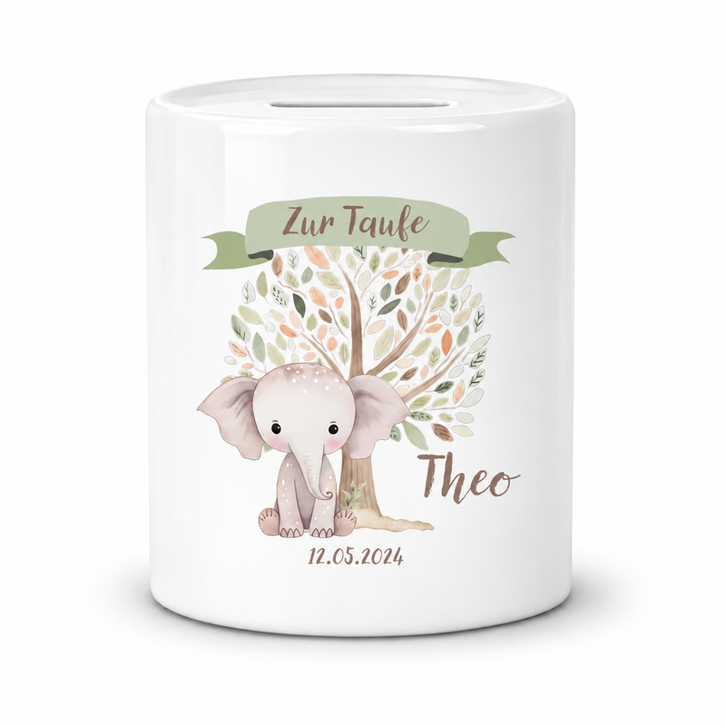 Spardose mit Wunschname Taufe Elefant 1 personalisiert