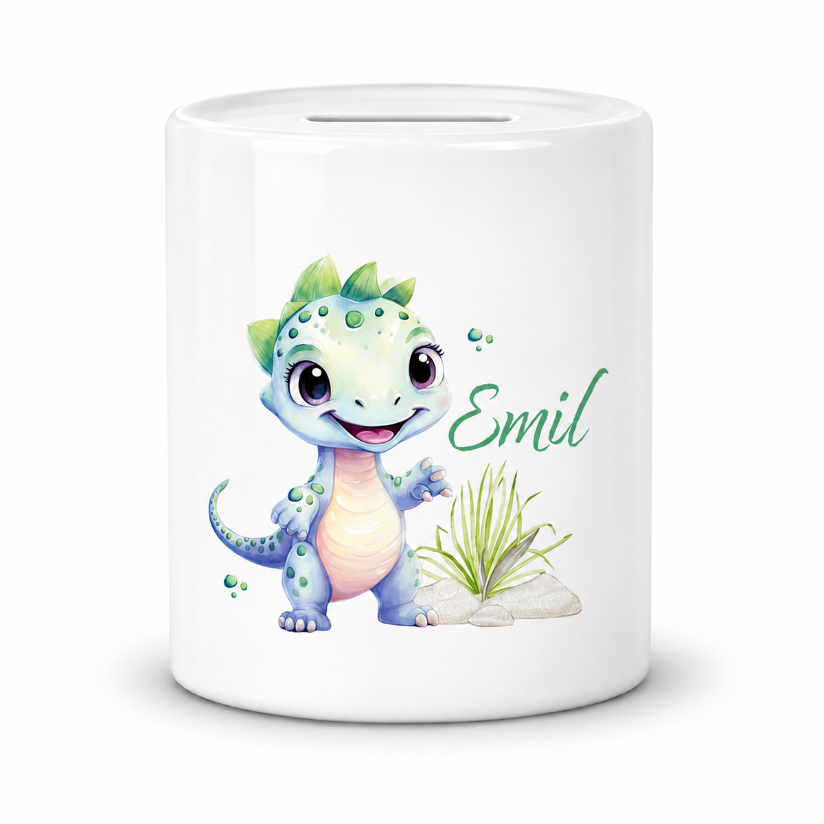 MUCKKI-PRO:dd4bca07d5a67983a928575c341f185db3b62bf42eba36e6986904cfbf3cefb4:Spardose mit Wunschname Dino 14 personalisiert