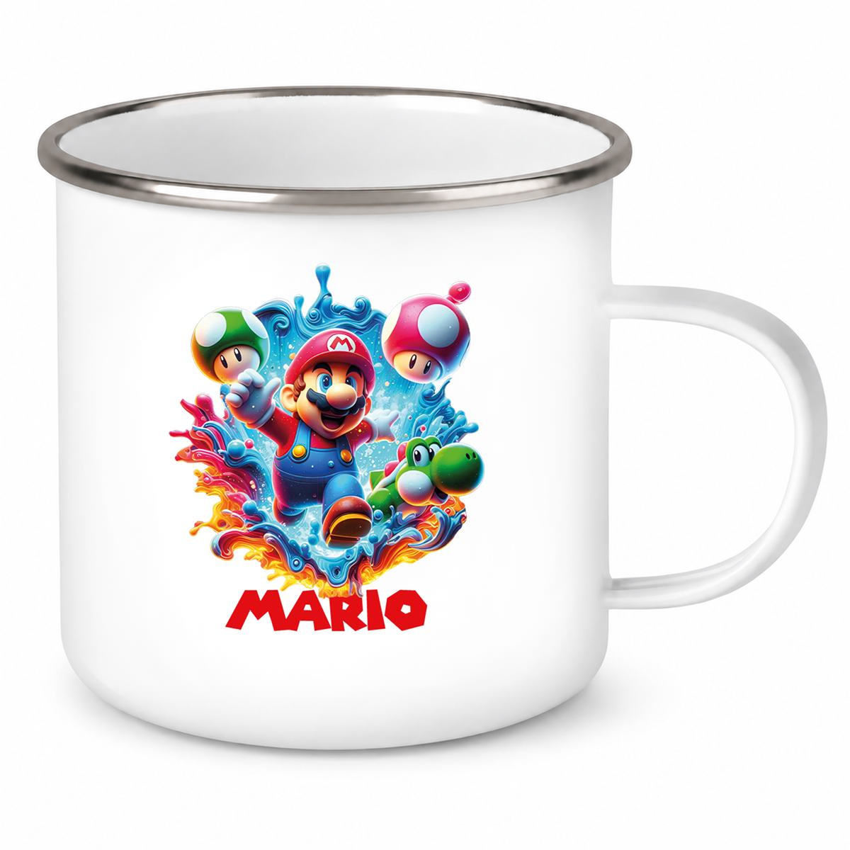 MUCKKI-PRO:e327ca3f46262f82c358e2974d90fd943d4cc3cea6eba0bcd9973eaf8ce87066:Tasse Wunschname Super-Mario 8 Emaille Kinderbecher personalisiert