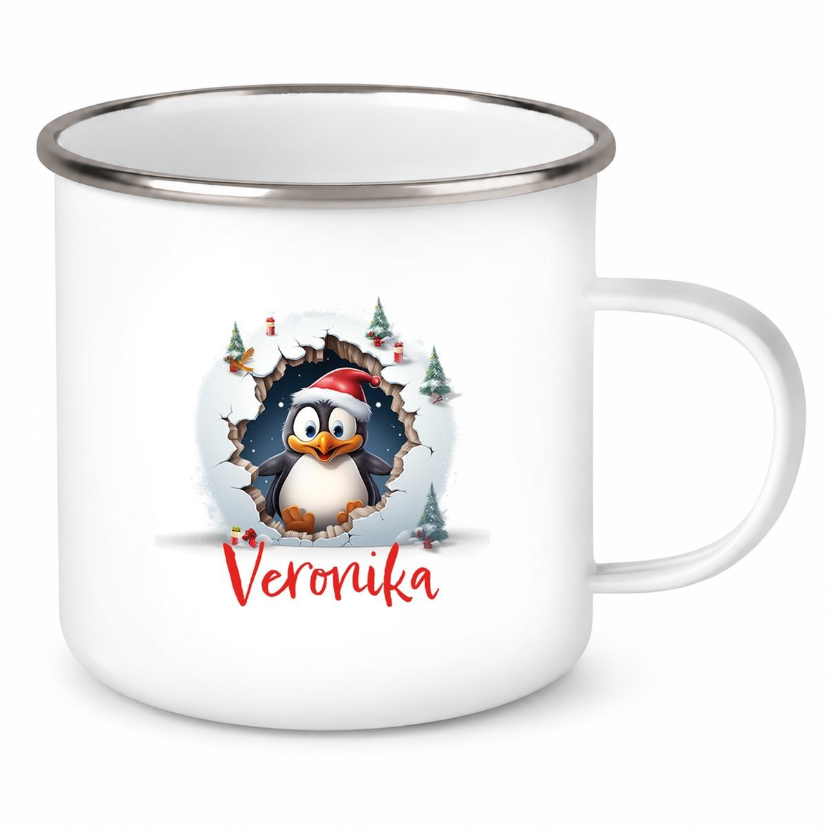 MUCKKI-PRO:0166105f5f281cc1a75052ccca6be6c446c9d40da9a1b715e12394555cfaadf3:Tasse Wunschname Christmas Pinguin 2 Emaille Kinderbecher