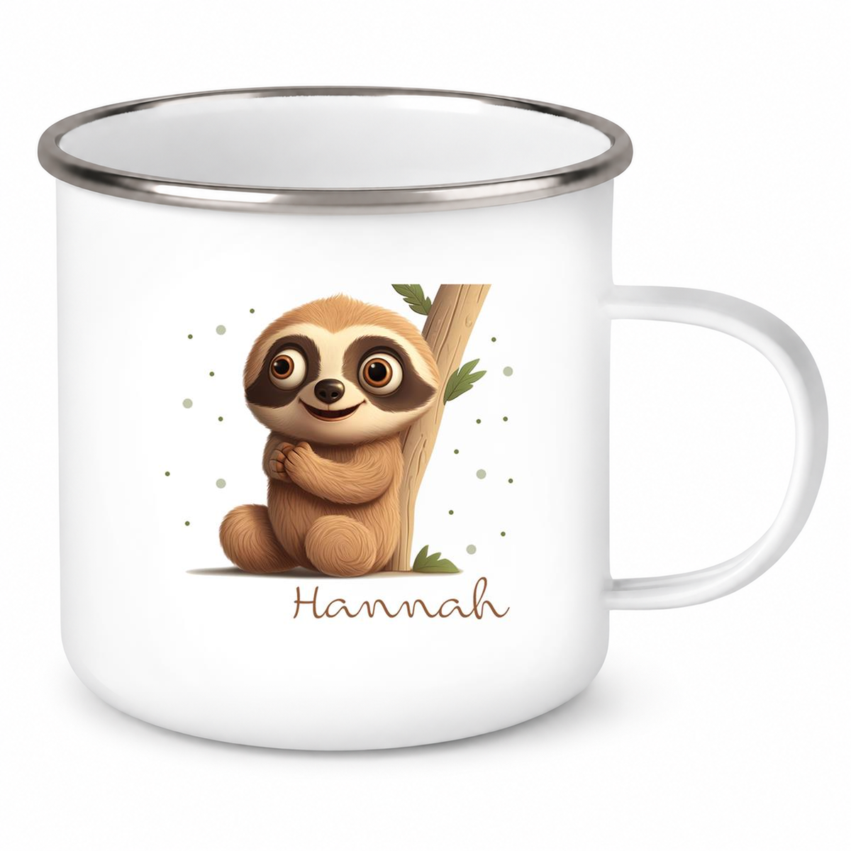 MUCKKI-PRO:d23deda3957eea72c5e2e111360416f93411ffeace6b6ebcfe365567a8c93c5f:Tasse Wunschname Faultier-Baum Emaille Kinderbecher
