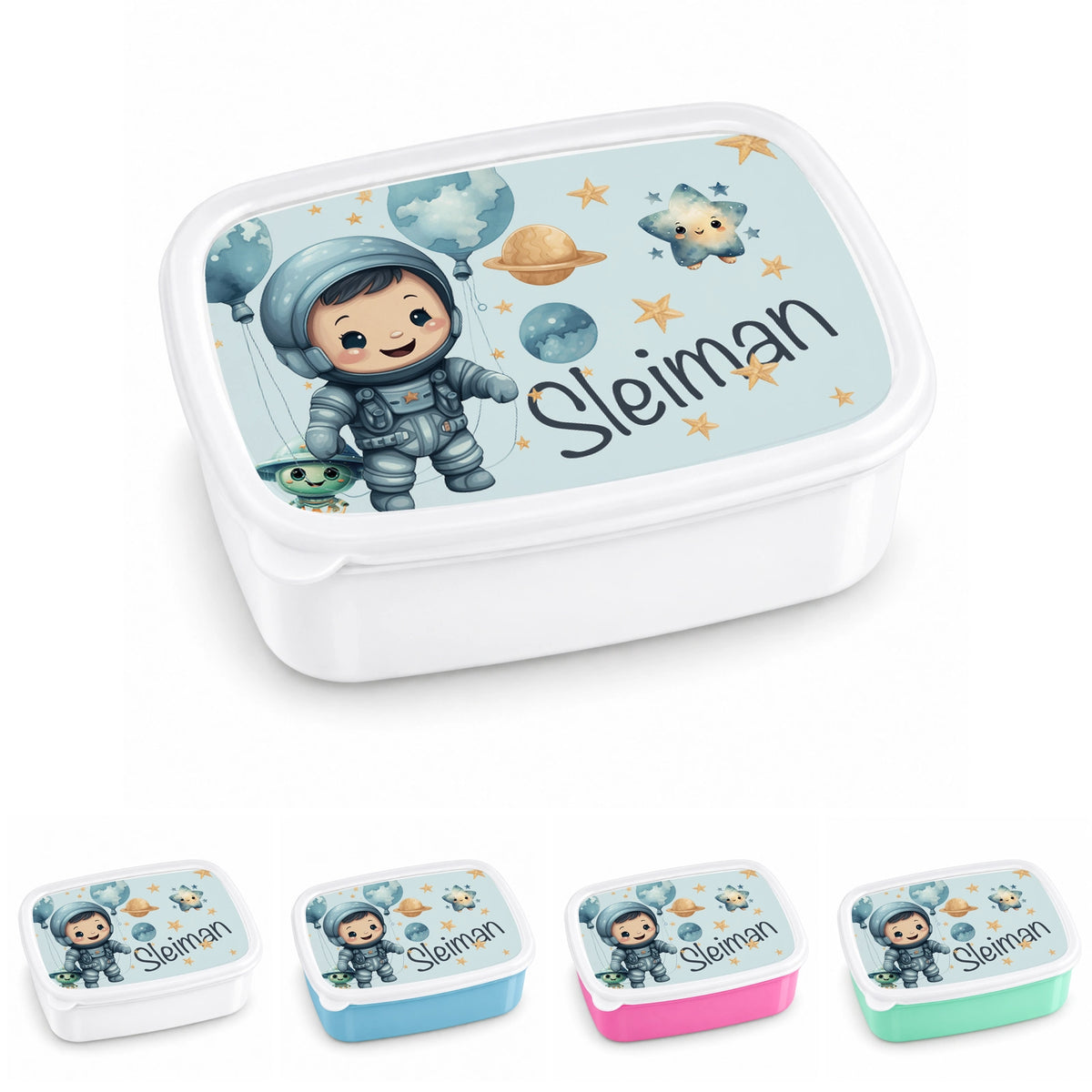 Brotdose mit Namen Astronaut 01 – Personalisierte Lunchbox für Schule & Kindergarten versch. Farben