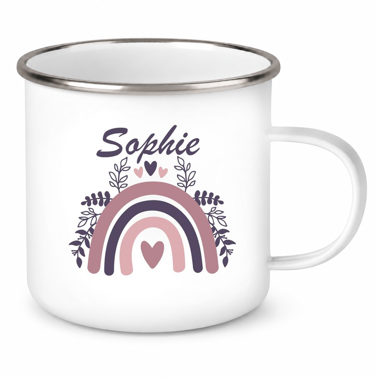 MUCKKI-PRO:351baeedef2c08a3bfe34cba06410e31f91c30790d31f9136a2dc77970271c5a:Tasse Regenbogen 8 Wunschname Emaille Kinderbecher
