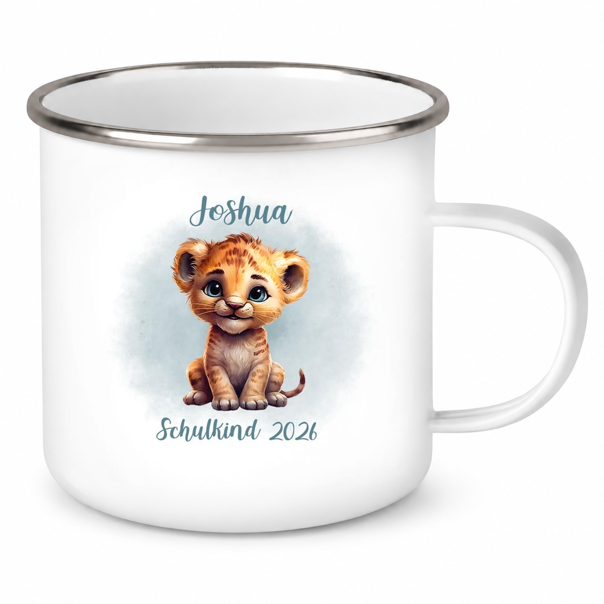 MUCKKI-PRO:96a9e0e3ad4a188701f58f2df0450aa7456e54c7842fba5a30c4b8a6f2ffd9ab:Tasse Schulkind 07 Wunschname Tiger 1 Emaille Kinderbecher Personalisiert