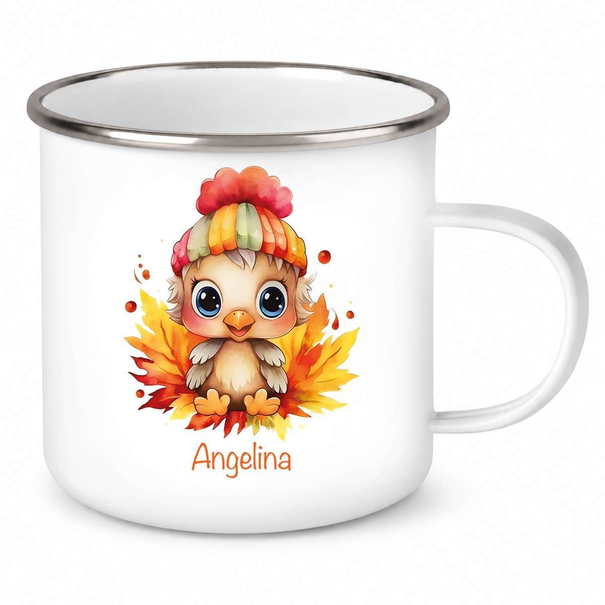 MUCKKI-PRO:e4c73fd741463b42edc92a5e74851c58d98059da24179e9858ad34e2f42687c4:Tasse Wunschname Küken 1 Emaille Kinderbecher personalisiert