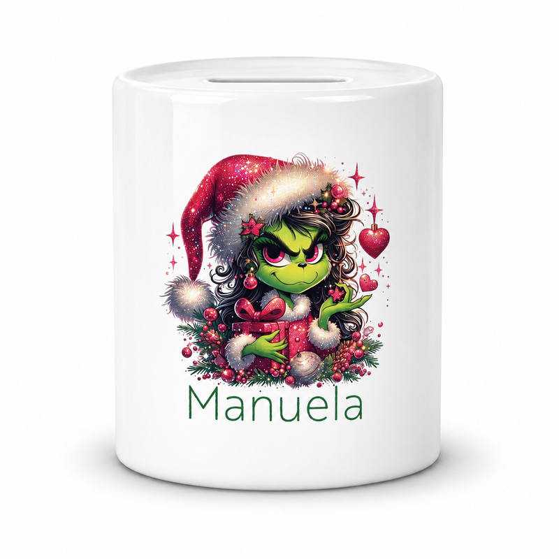 Spardose mit Wunschname Weihnachten Lady-Grinch 2 personalisiert