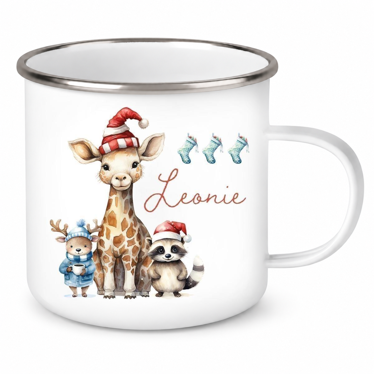 MUCKKI-PRO:d706f56b886cc241a54e643ac1823125564e02b1d49620c6bdfb3fc219a66a8c:Tasse Wunschname Weihnachten Tiere 1 Emaille Kinderbecher personalisiert