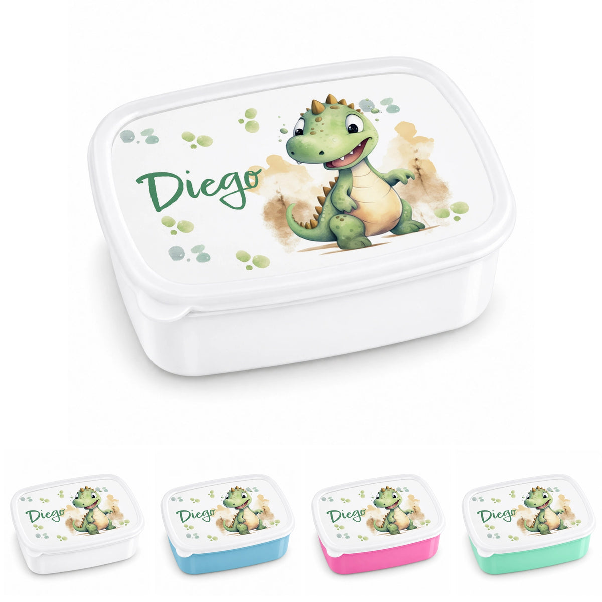 Brotdose mit Namen Dino 01 – Personalisierte Lunchbox für Schule & Kindergarten versch. Farben