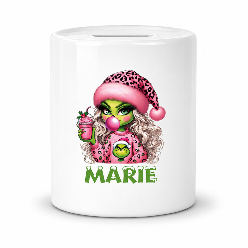 Spardose mit Wunschname Weihnachten Lady-Grinch 5 personalisiert
