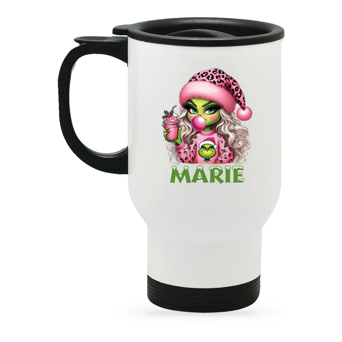 Edelstahl-Thermobecher mit Deckel Weihnachten Lady-Grinch 5 personalisiert weiß