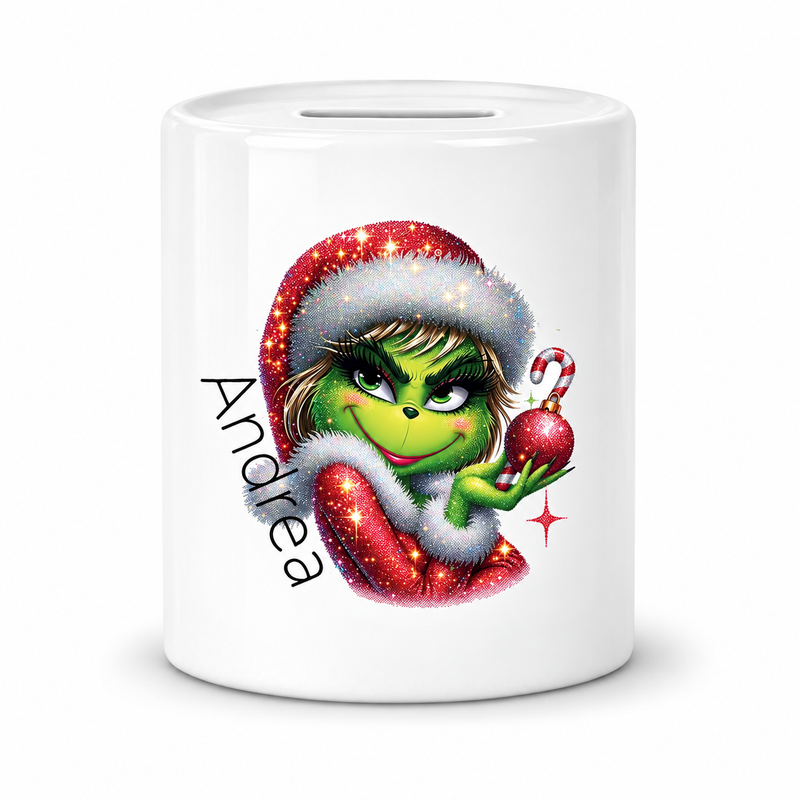 Spardose mit Wunschname Weihnachten Lady-Grinch 3 personalisiert