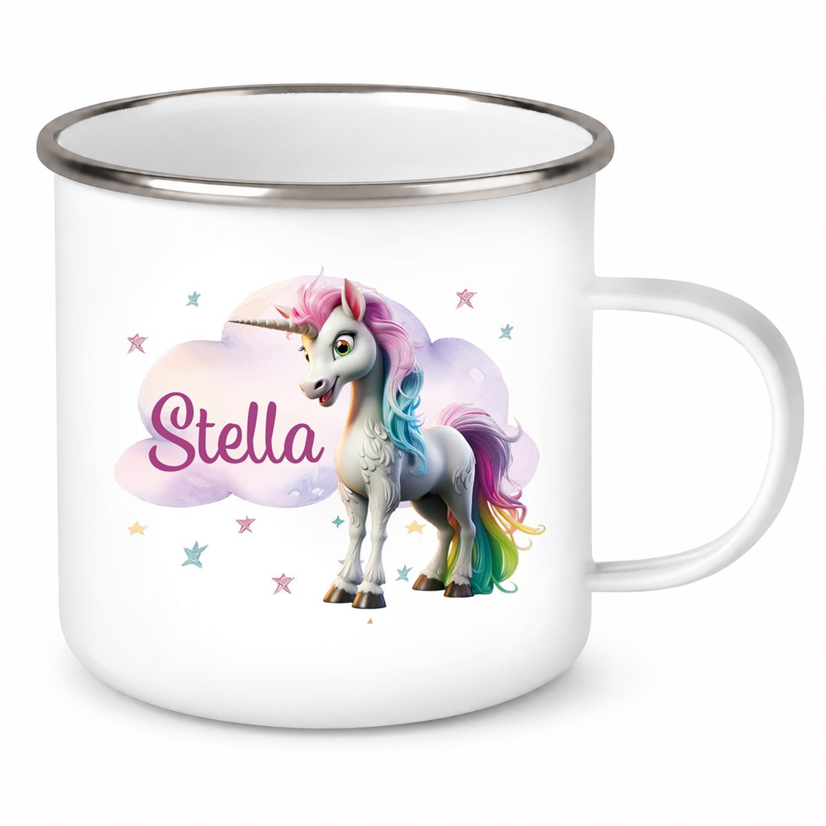 MUCKKI-PRO:30d89f86df284fb6d11b7277da84c545b916447875a702cf16217ea585145615:Tasse Einhorn Wolke 4 Wunschname Emaille Kinderbecher personalisiert