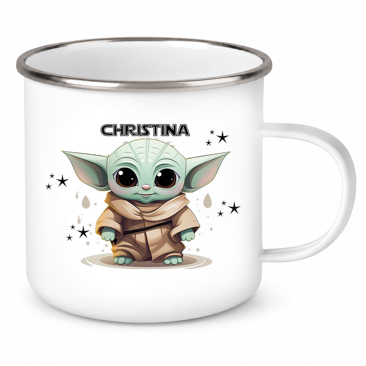 MUCKKI-PRO:4b5ae78b5f51b9c4c70896c7c86a0e85fe82f1fdbde7c796f5b99294b100dbab:Tasse Wunschname Baby-Yoda 3 Emaille Kinderbecher personalisiert