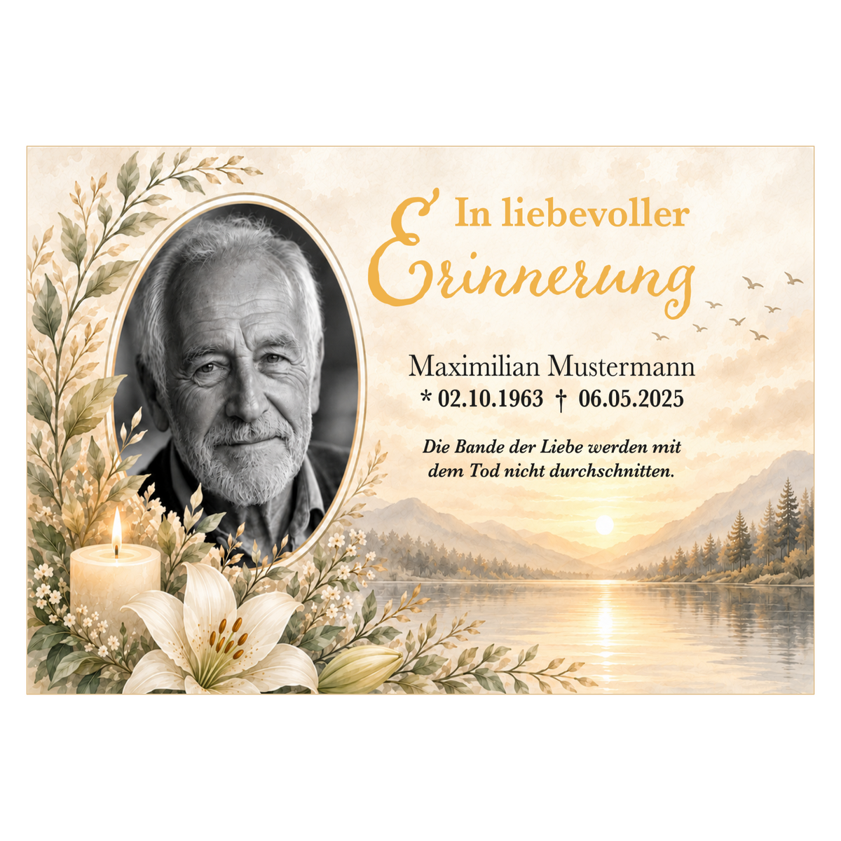 Tortenaufleger Beerdigung & Trauerfeier Kerze mit Bild – personalisiert mit Foto, Name & Datum – versch. Formen